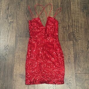 Windsor Sparkling Red Sequin Crisscross Straps Mini Dress